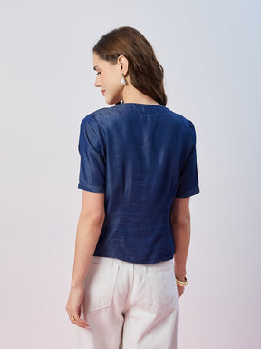 Latin Quarters Women's Blue Solid Half Sleeves V-Neck Casual Top