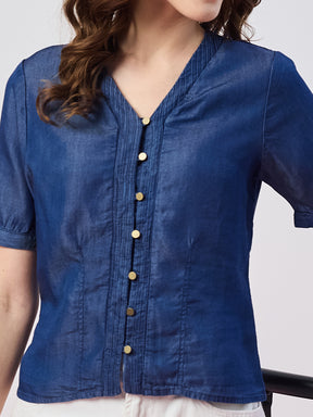 Latin Quarters Women's Blue Solid Half Sleeves V-Neck Casual Top