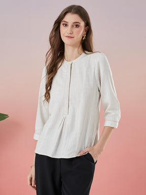 Latin Quarters Women's Off White Striped 3/4th Sleeve Mandarin Neck Casual Top