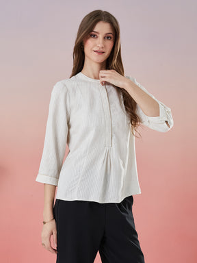 Latin Quarters Women's Off White Striped 3/4th Sleeve Mandarin Neck Casual Top