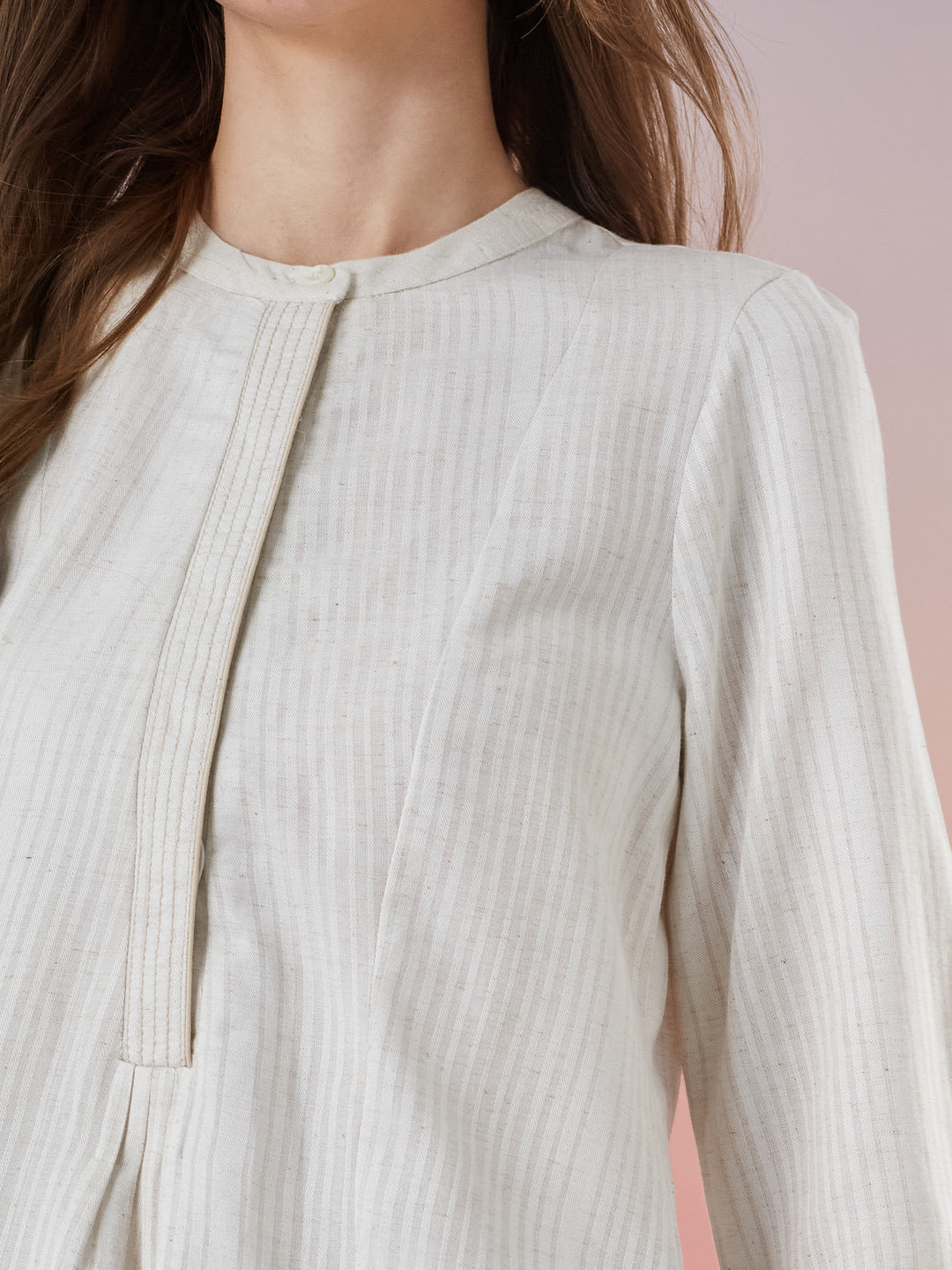 Latin Quarters Women's Off White Striped 3/4th Sleeve Mandarin Neck Casual Top