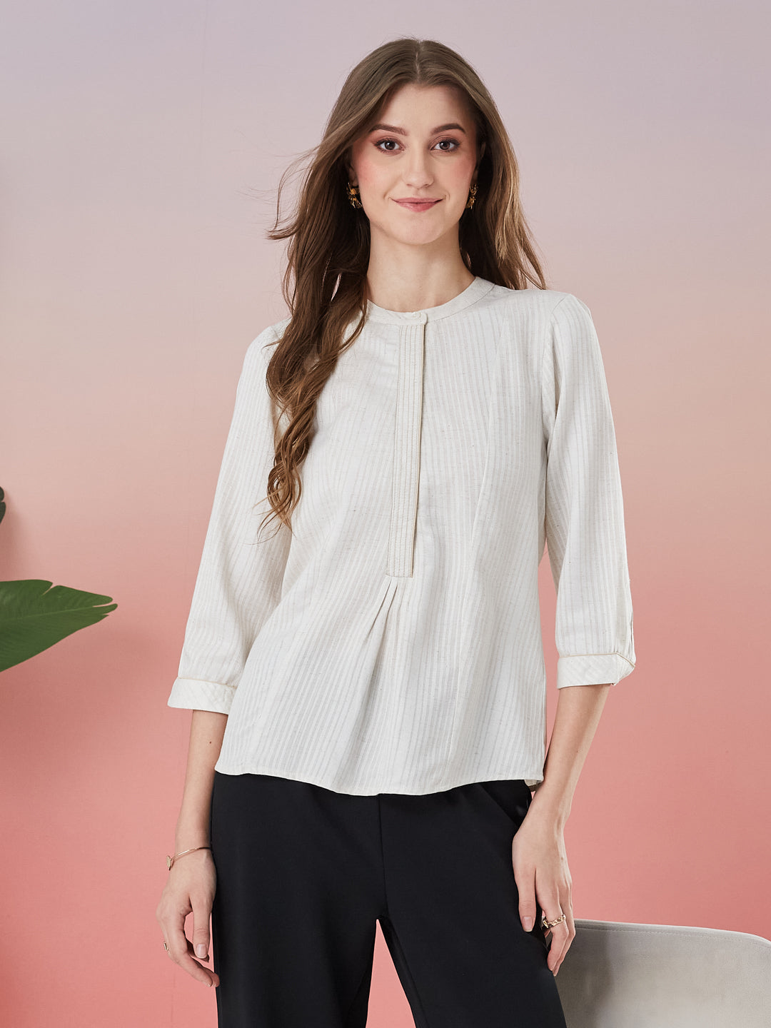 Latin Quarters Women's Off White Striped 3/4th Sleeve Mandarin Neck Casual Top