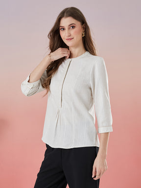 Latin Quarters Women's Off White Striped 3/4th Sleeve Mandarin Neck Casual Top