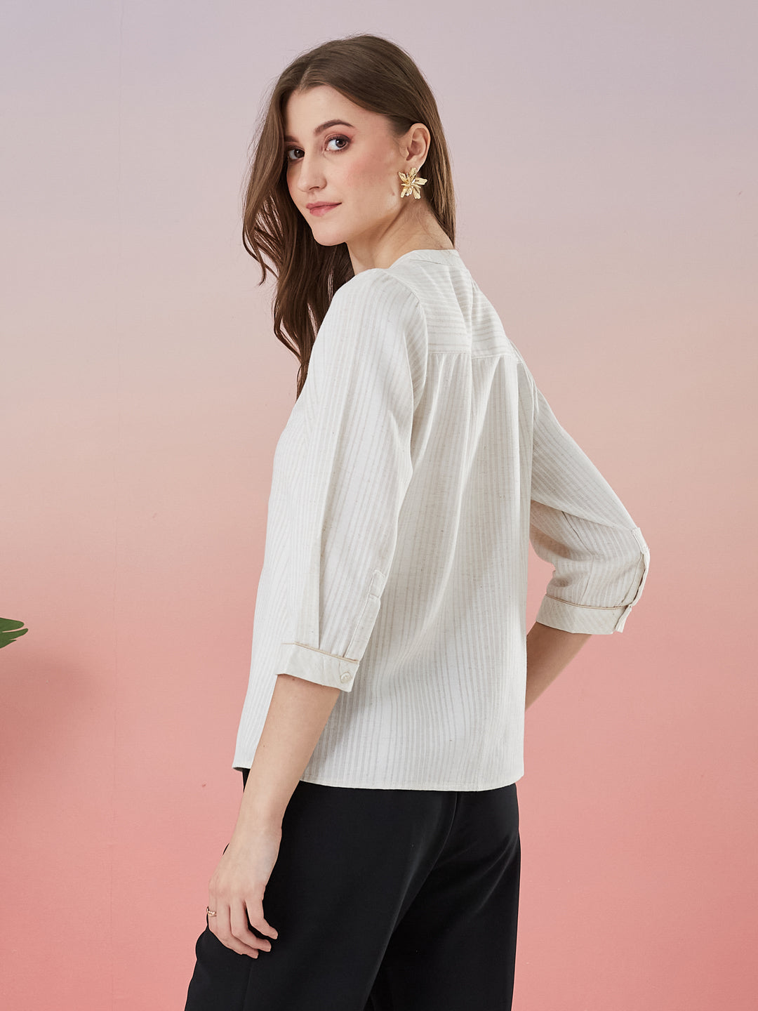Latin Quarters Women's Off White Striped 3/4th Sleeve Mandarin Neck Casual Top