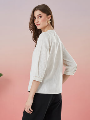 Latin Quarters Women's Off White Striped 3/4th Sleeve Mandarin Neck Casual Top