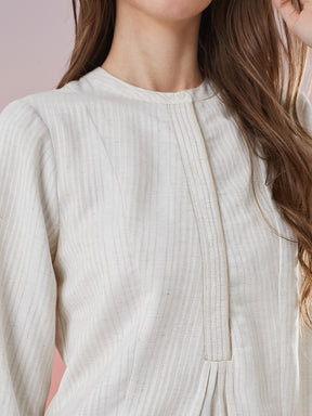 Latin Quarters Women's Off White Striped 3/4th Sleeve Mandarin Neck Casual Top