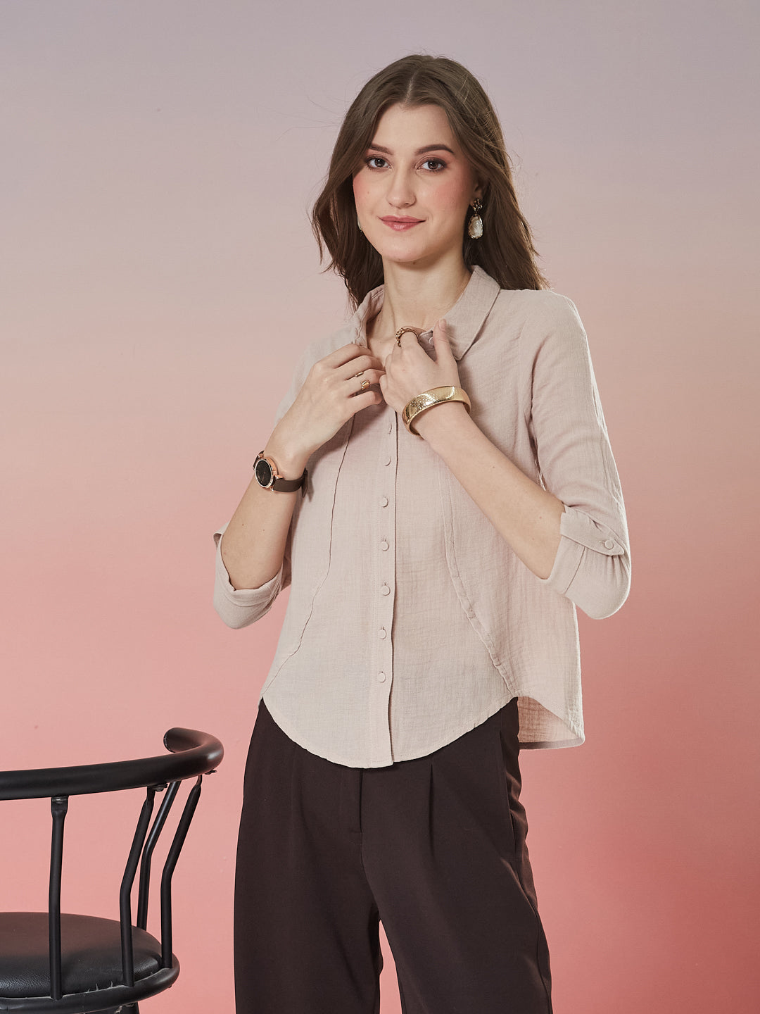 Latin Quarters Women's Beige Solid 3/4th Sleeve Collar Neck Casual Shirt