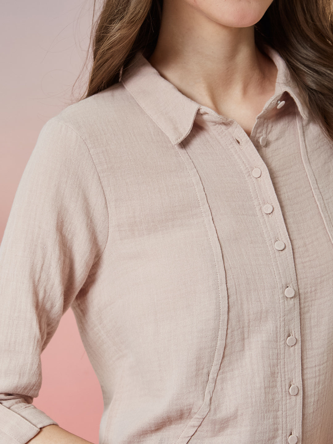 Latin Quarters Women's Beige Solid 3/4th Sleeve Collar Neck Casual Shirt