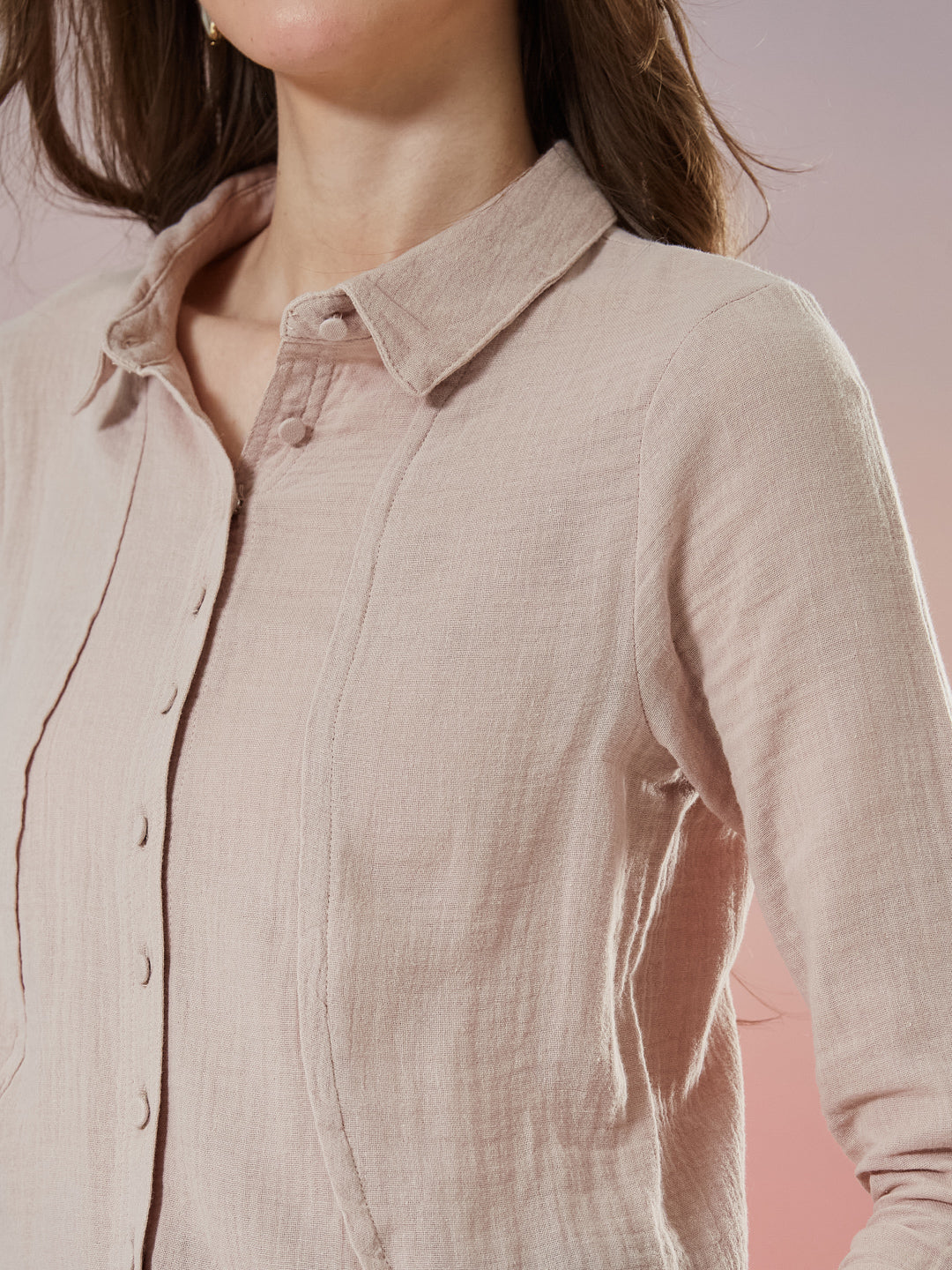 Latin Quarters Women's Beige Solid 3/4th Sleeve Collar Neck Casual Shirt