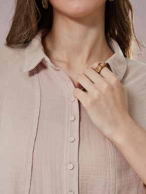 Latin Quarters Women's Beige Solid 3/4th Sleeve Collar Neck Casual Shirt