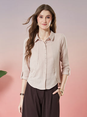 Latin Quarters Women's Beige Solid 3/4th Sleeve Collar Neck Casual Shirt