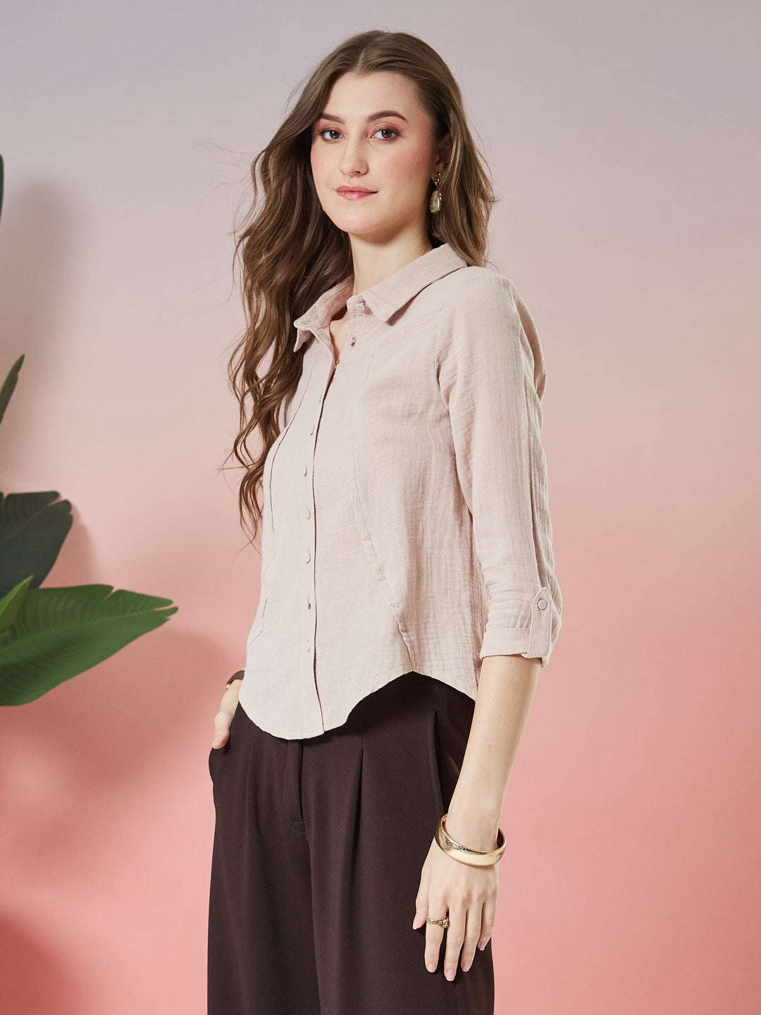Latin Quarters Women's Beige Solid 3/4th Sleeve Collar Neck Casual Shirt
