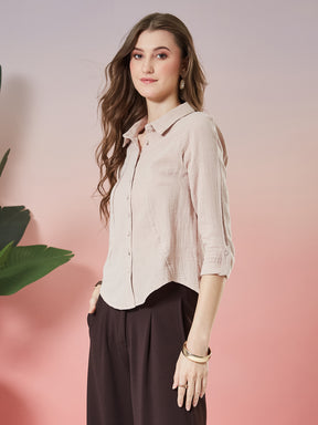 Latin Quarters Women's Beige Solid 3/4th Sleeve Collar Neck Casual Shirt