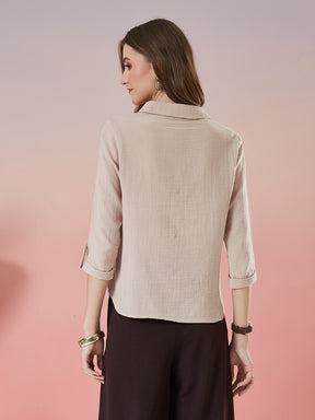 Latin Quarters Women's Beige Solid 3/4th Sleeve Collar Neck Casual Shirt
