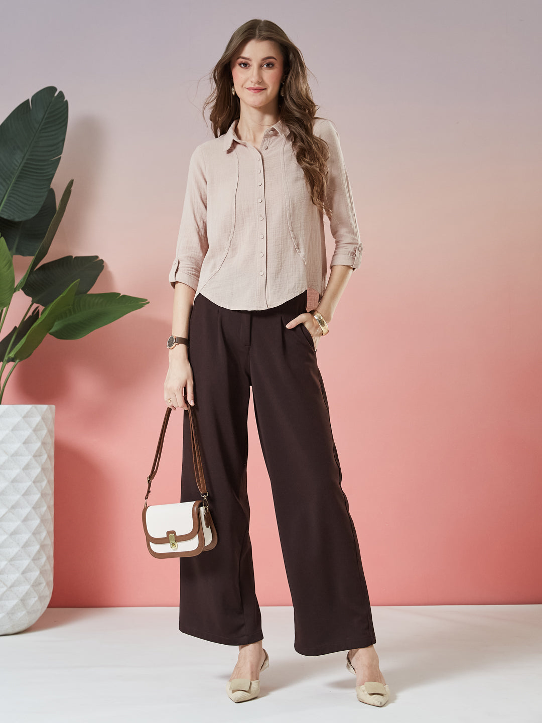 Latin Quarters Women's Beige Solid 3/4th Sleeve Collar Neck Casual Shirt