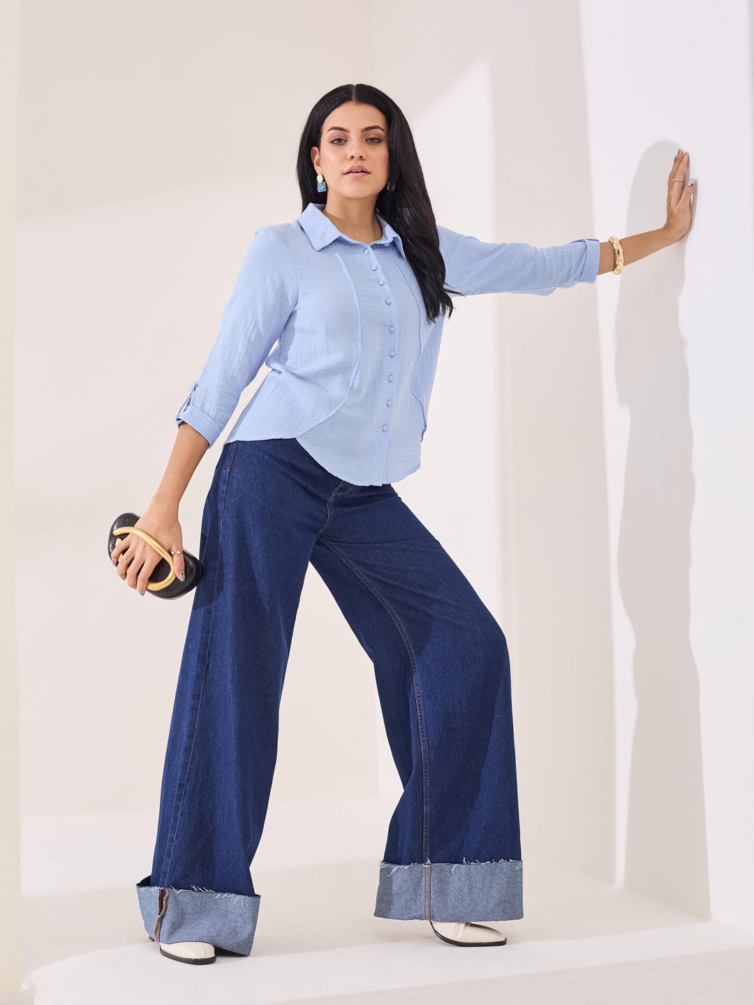 Latin Quarters Women's Blue Solid Collar Neck 3/4th Sleeves Casual Shirt