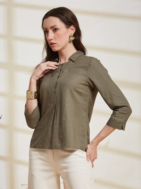 Latin Quarters Women's Olive Solid Collared 3/4Th Sleeve Casual Top