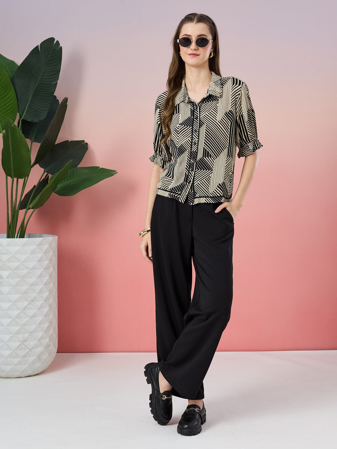 Latin Quarters Women's Black Printed Half Sleeve Collar Neck Casual Shirt