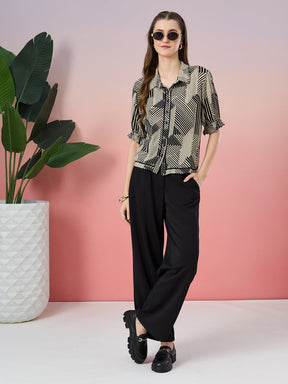 Latin Quarters Women's Black Printed Half Sleeve Collar Neck Casual Shirt