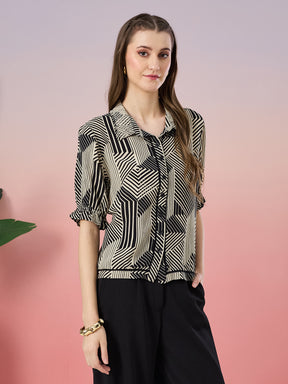 Latin Quarters Women's Black Printed Half Sleeve Collar Neck Casual Shirt