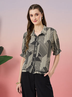 Latin Quarters Women's Black Printed Half Sleeve Collar Neck Casual Shirt