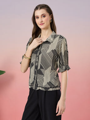 Latin Quarters Women's Black Printed Half Sleeve Collar Neck Casual Shirt