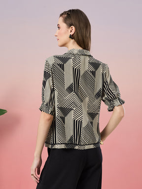 Latin Quarters Women's Black Printed Half Sleeve Collar Neck Casual Shirt