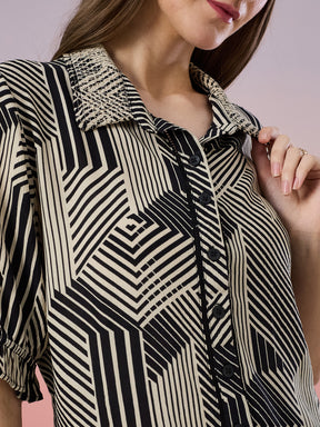 Latin Quarters Women's Black Printed Half Sleeve Collar Neck Casual Shirt
