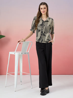 Latin Quarters Women's Black Printed Half Sleeve Collar Neck Casual Shirt