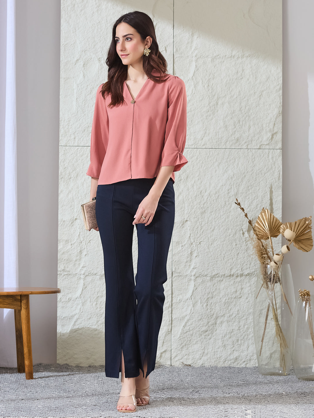 Latin Quarters Women'S Peach Solid 3/4Th Sleeves Spread Collar Casual Top