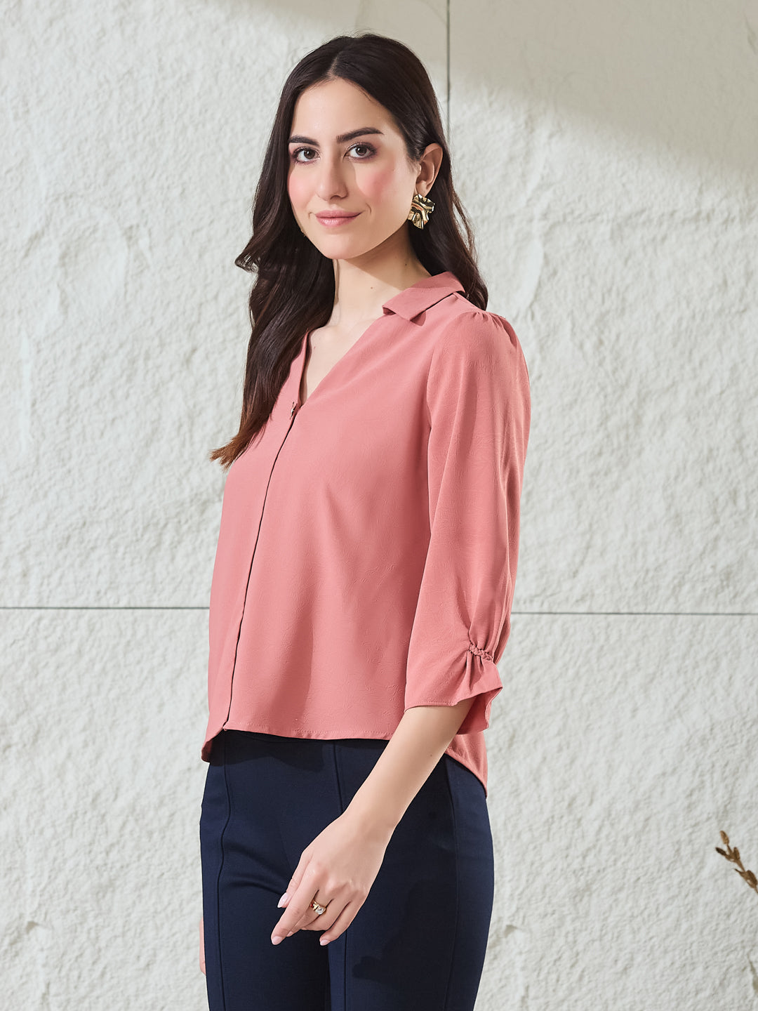 Latin Quarters Women'S Peach Solid 3/4Th Sleeves Spread Collar Casual Top