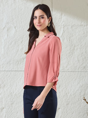 Latin Quarters Women'S Peach Solid 3/4Th Sleeves Spread Collar Casual Top