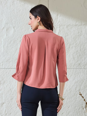 Latin Quarters Women'S Peach Solid 3/4Th Sleeves Spread Collar Casual Top