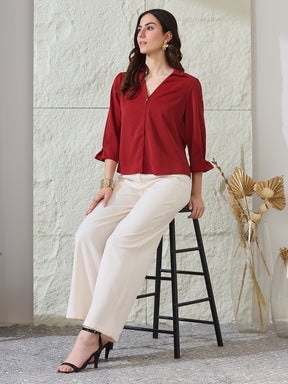 Latin Quarters Women'S Red Solid 3/4Th Sleeves Spread Collar Casual Top