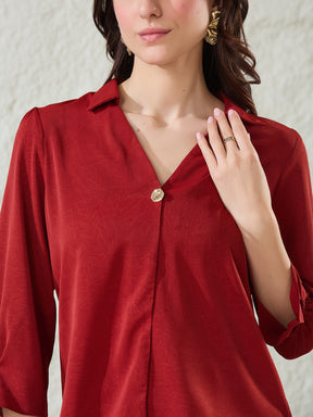 Latin Quarters Women'S Red Solid 3/4Th Sleeves Spread Collar Casual Top