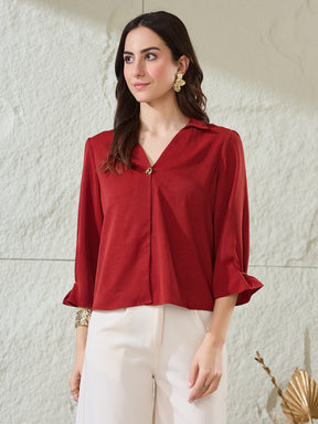 Latin Quarters Women'S Red Solid 3/4Th Sleeves Spread Collar Casual Top