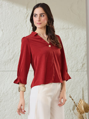Latin Quarters Women'S Red Solid 3/4Th Sleeves Spread Collar Casual Top