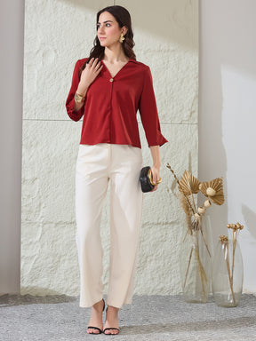 Latin Quarters Women'S Red Solid 3/4Th Sleeves Spread Collar Casual Top