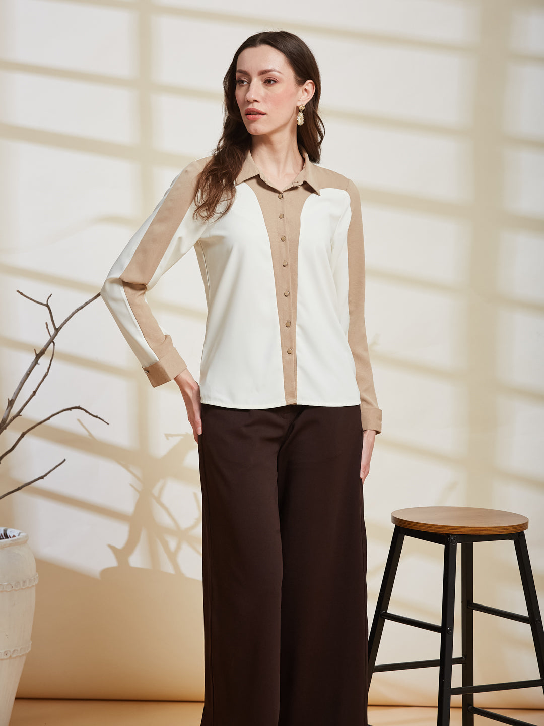 Latin Quarters Women's Ivory Solid Collared Full Sleeve Casual Shirt
