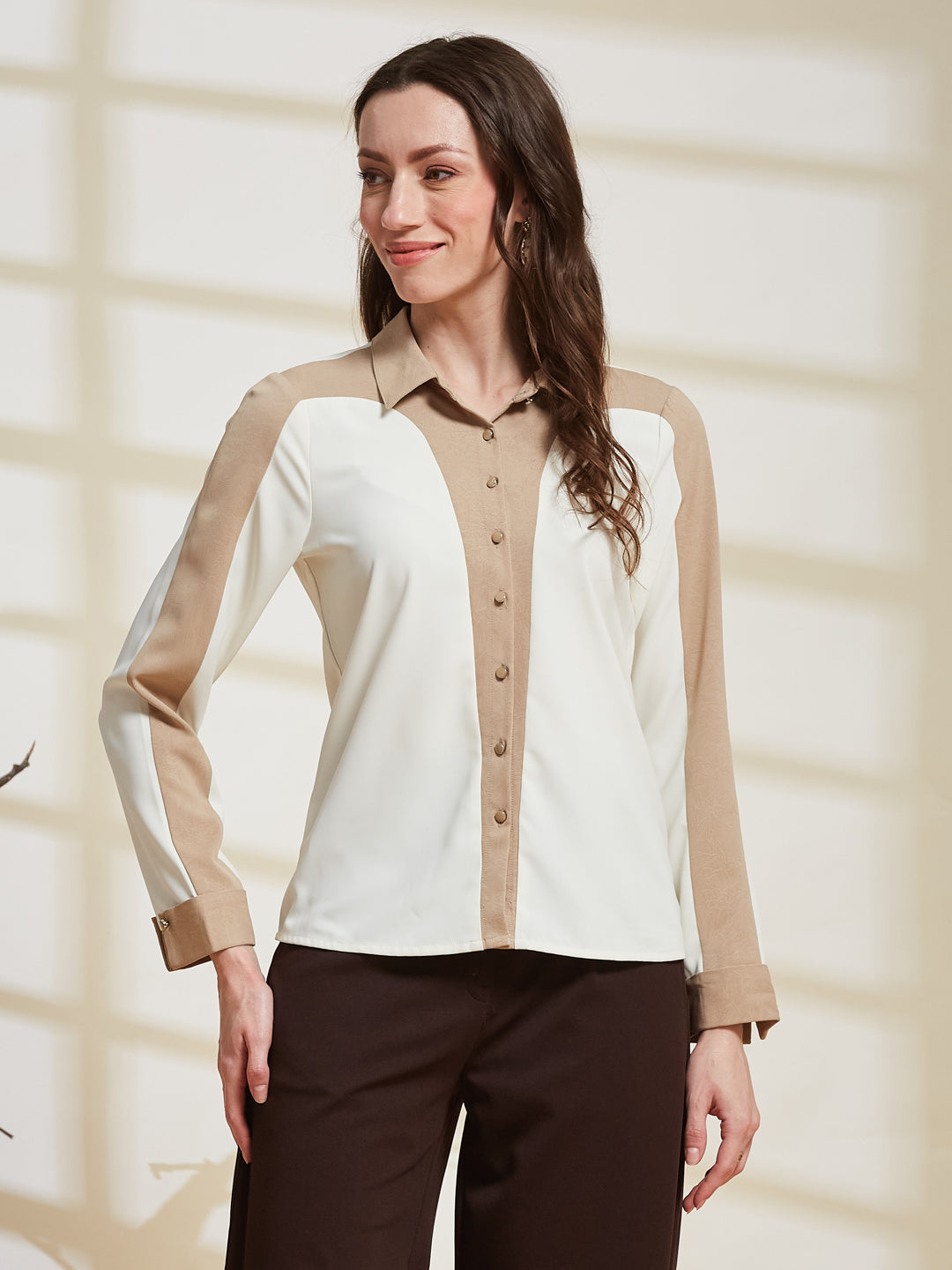 Latin Quarters Women's Ivory Solid Collared Full Sleeve Casual Shirt