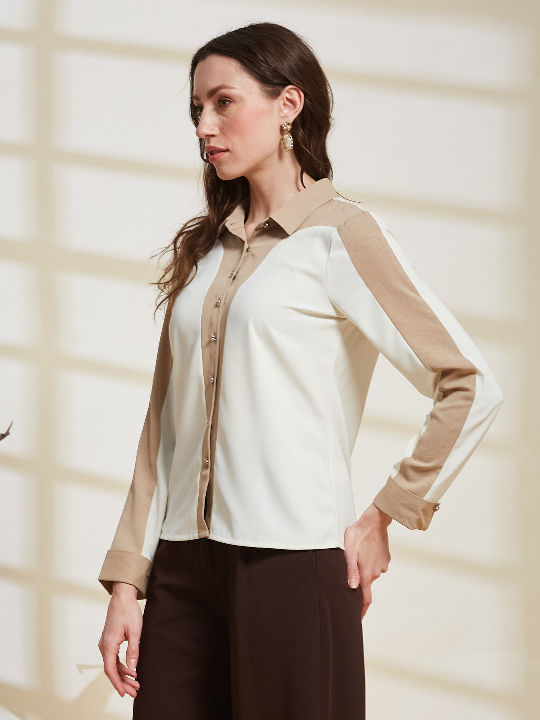 Latin Quarters Women's Ivory Solid Collared Full Sleeve Casual Shirt