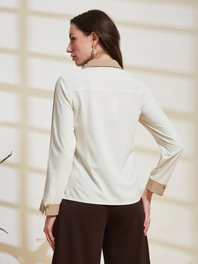 Latin Quarters Women's Ivory Solid Collared Full Sleeve Casual Shirt