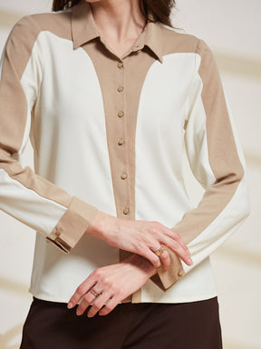 Latin Quarters Women's Ivory Solid Collared Full Sleeve Casual Shirt