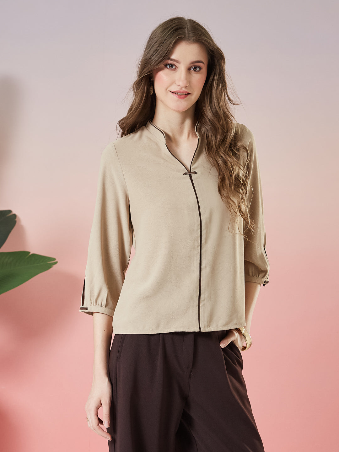 Latin Quarters Women's Beige Solid 3/4th Sleeve Mandarin Neck Casual Top