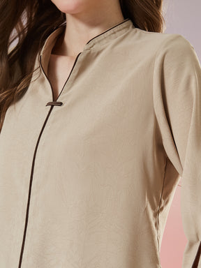 Latin Quarters Women's Beige Solid 3/4th Sleeve Mandarin Neck Casual Top