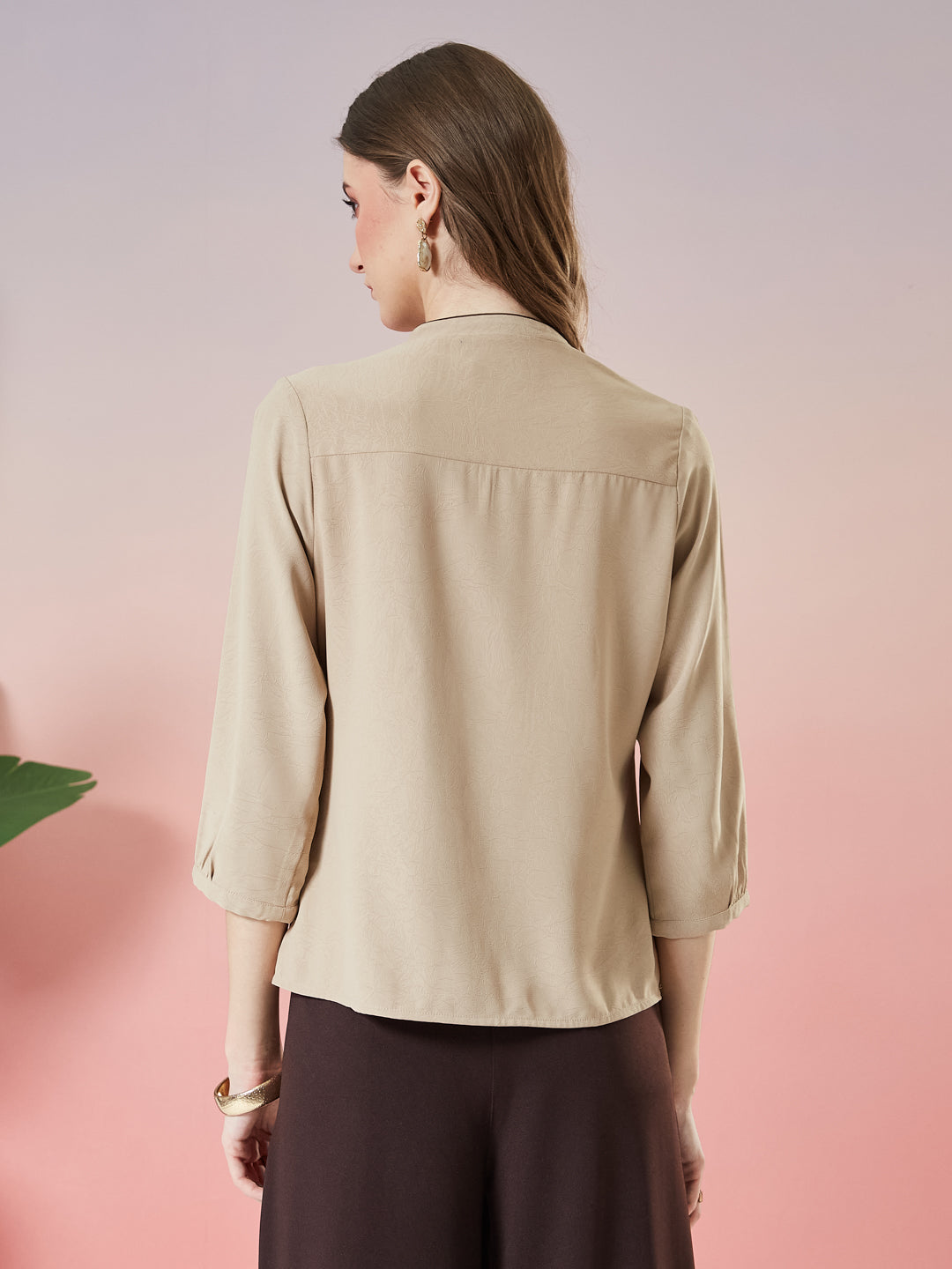 Latin Quarters Women's Beige Solid 3/4th Sleeve Mandarin Neck Casual Top