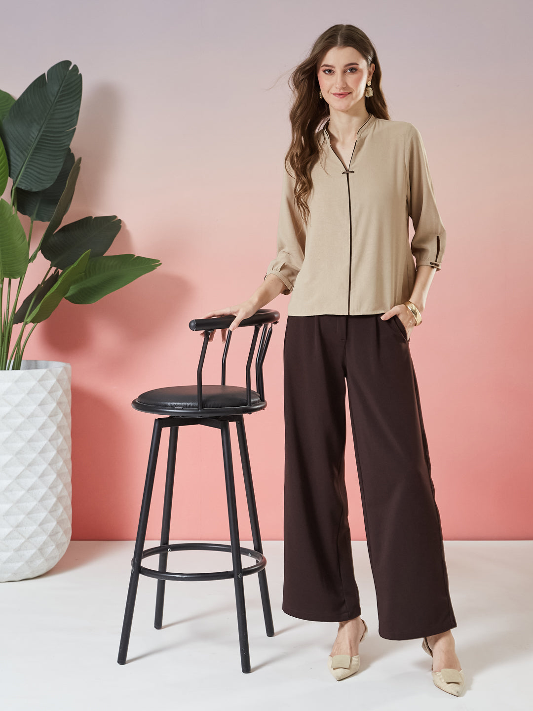 Latin Quarters Women's Beige Solid 3/4th Sleeve Mandarin Neck Casual Top