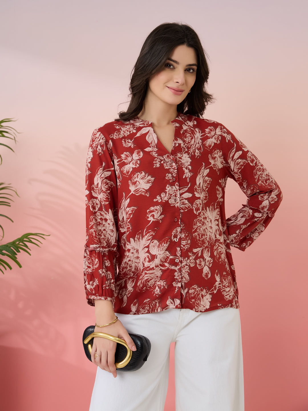 Latin Quarters Women's Rust Printed Mandarin Neck 3/4th Sleeves Casual Tunic