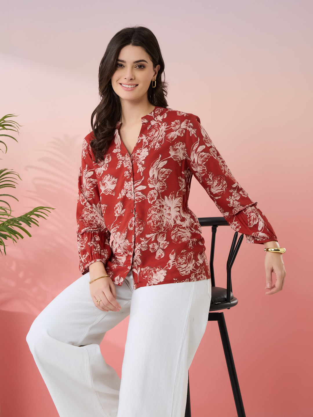 Latin Quarters Women's Rust Printed Mandarin Neck 3/4th Sleeves Casual Tunic