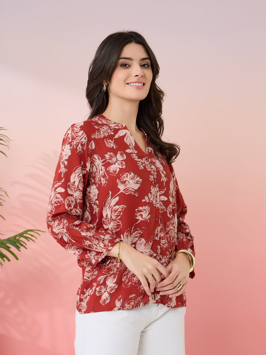 Latin Quarters Women's Rust Printed Mandarin Neck 3/4th Sleeves Casual Tunic